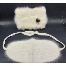 RARE 1950s Childs White Fur Muff Cap Set Wool Knit Vintage Retro YK