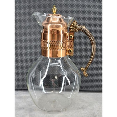 Vintage Mid Century Copper Filigree Glass Pitcher Carafe Ornate Brass Handle Lid