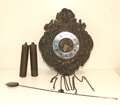  German Black Forest wall clock, Repousse Bronze Hunting Weights Pendulum 