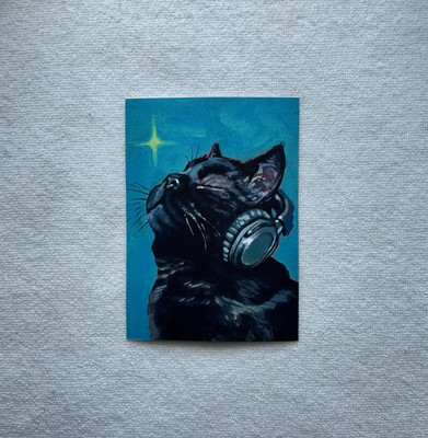 ACEO *MINI PRINT* ''Cat Wearing Headphones'', 2.5x3.5''
