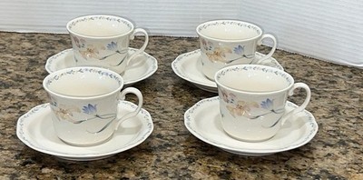 VTG Set 4 (8 Pc) Noritake American Flowers Gala Cuisine 7912 Flat Cup & Saucer