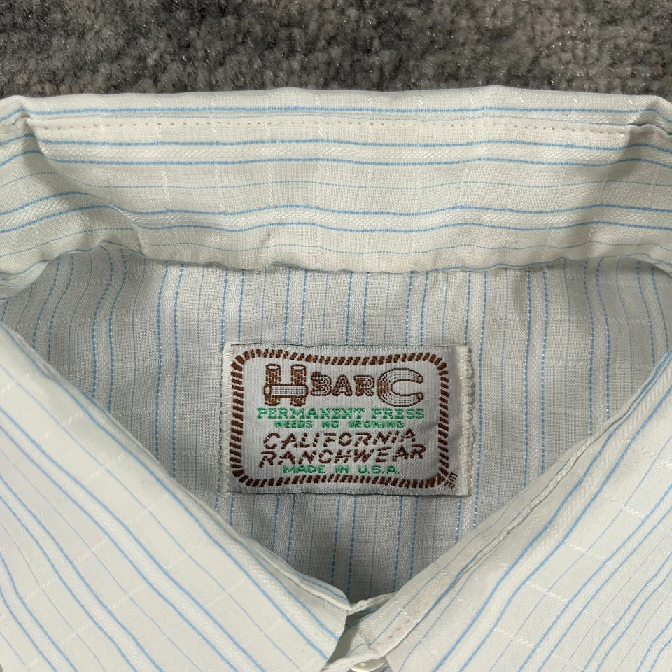Camisa De Colección H Bar C Ranchwear Para Hombres Mediana Blanca Azul Rayas Perla A Presión Años 60 70 EE. UU. Foto 4 de 4