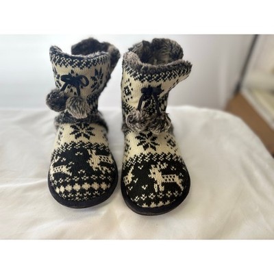 Target Women's Size 7 Black White Fair Isle Reindeer Faux Fur Slipper Boots