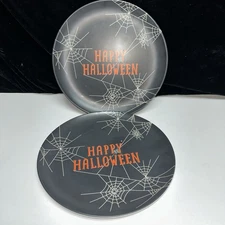 NEW--SET OF 2- Hyde & Eek Melamine Dinner Plates HAPPY HALLOWEEN Spiderwebs 10”