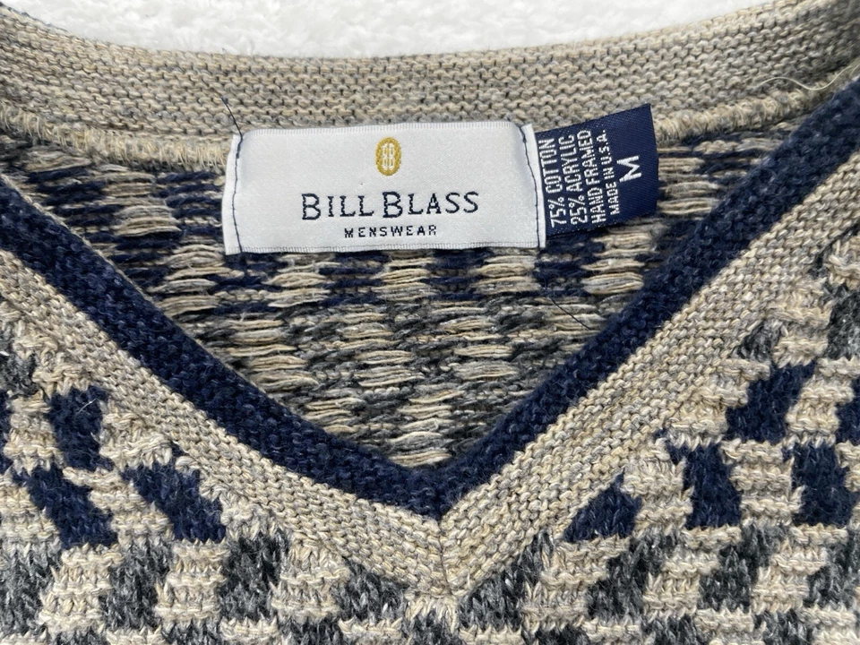 Suéter de Colección Bill Blass Cuello en V Para Hombre Mediano Azul y Tostado Grueso Años 90 Foto 3 de 4