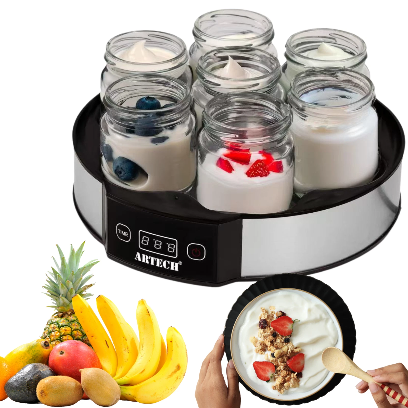 Digital Yogurt Maker with 7 Glass Jars Electric, Compact, Stainless Steel