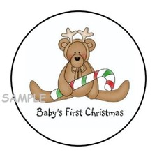 30 BABY'S FIRST CHRISTMAS ENVELOPE SEALS LABELS STICKERS 1.5" ROUND TEDDY BEAR