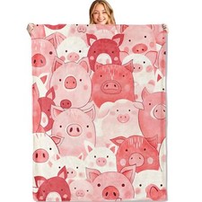 Cute Pig Faces Throw Blanket50x60inSoftLightweight FlannelPink and Red Piggy ...