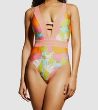 $162 Trina Turk Women's Pink Floral Plunge Neck One Piece Swimsuit Size 10