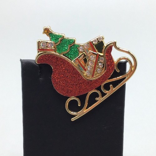 Christmas Sleigh Brooch Signed JCM China Gold Tone Red Glitters & Rhinestones