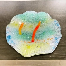 Hand Made Fused Art Glass Dish Plate Ruffled Edges Multicolor Glass Hand Crafted