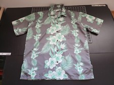 MAKANI - hibiscus palm leaves Mens MEDIUM Hawaiian Aloha Shirt TEAL grey gray