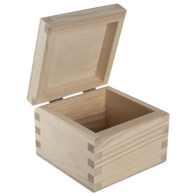Kleine quadratische Kiefer aufklappbare Holzschatulle/Schmuckstück Andenken Erinnerung Deko Handwerk