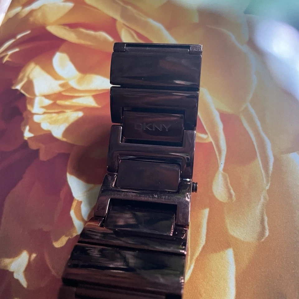 DKNY Ladies Watch Brown Metal Tone Crystal Wide Bracelet Needs Battery 7” - Image 4 of 4