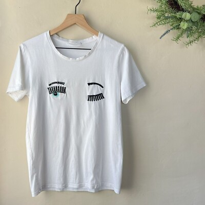 Chiara Ferragni Flirting T-shirt Top Women's Eye Winking Sequin White Size S
