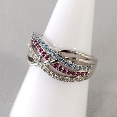 TJ Sterling Silver Ring Multi Row Crossover Red White Blue Americana 925 Sz 7.5
