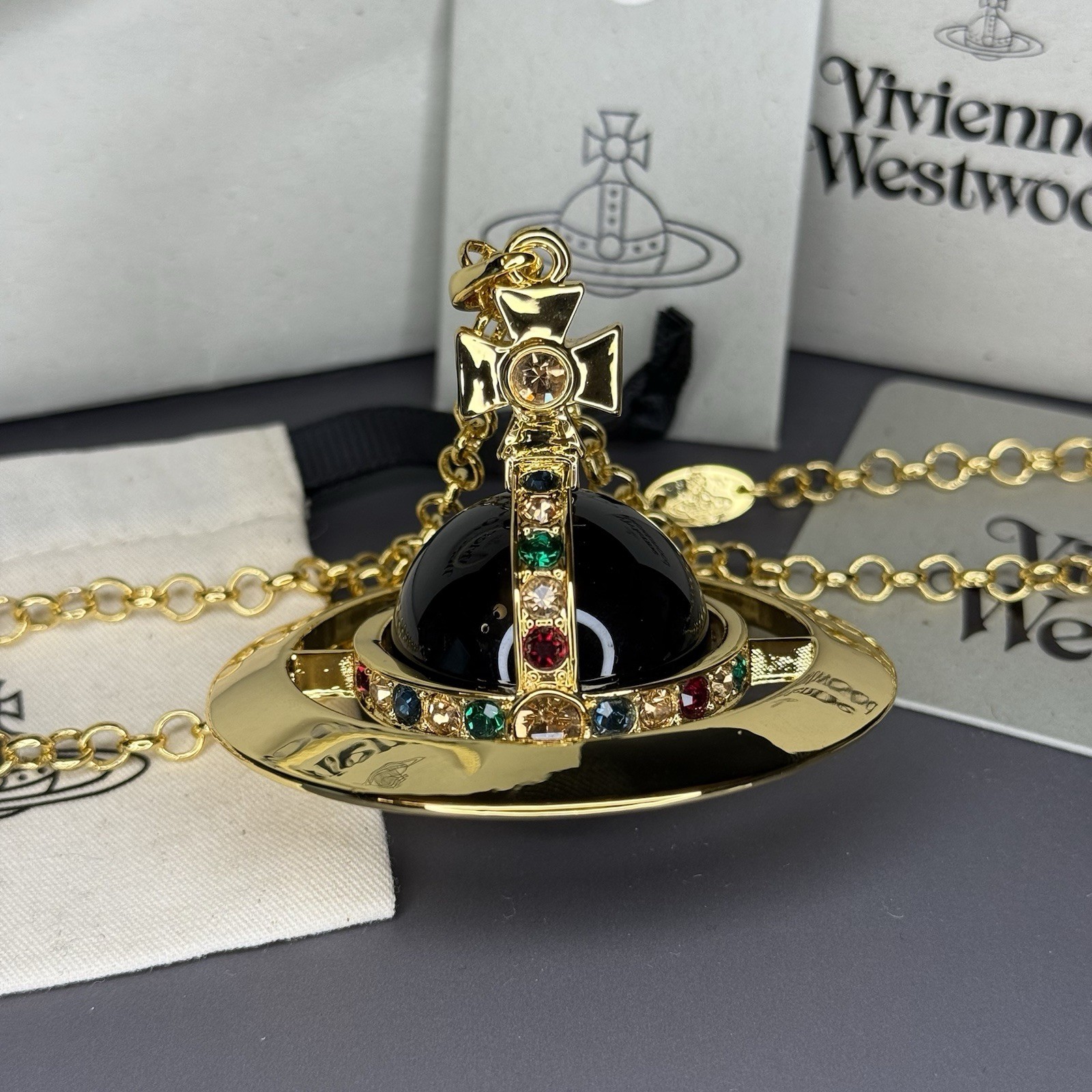 Vivienne Westwood Giant Orb Black Gold Necklace Pendant WITH