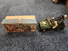 Nice Vintage Japanese Yoshiya Tin Friction Anti-Aircraft Jeep With Box- Working