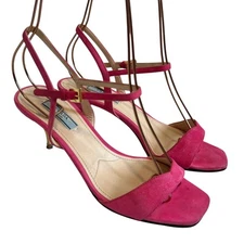 Prada high heel sandal 37.5 7.5 fuschia pink suede square toe gold ankle strap