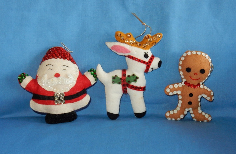 Vintage Santa Claus Reindeer & Gingerbread Man Felt Jeweled Christmas Ornaments