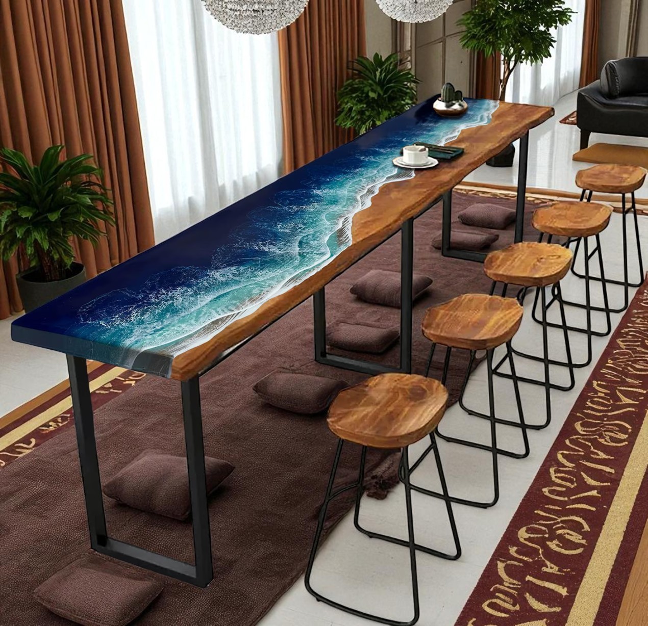 Ocean Wave Resin Wood Console Bar Table 50x15 Hotel Deco