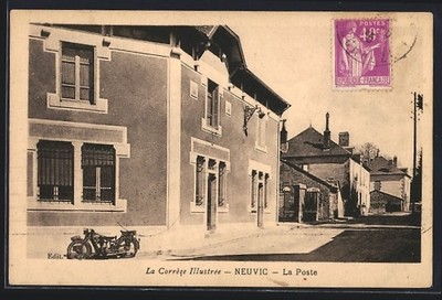 Old postcard Neuvic, La Poste with a motorcycle parked in front of the building 1935 