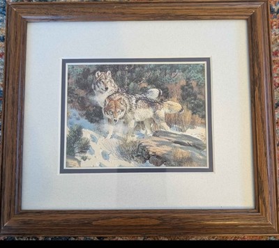''Man Tracks,'' framed print by Jack Dumas, featuring two wolves 8 3/4 x 10 frame