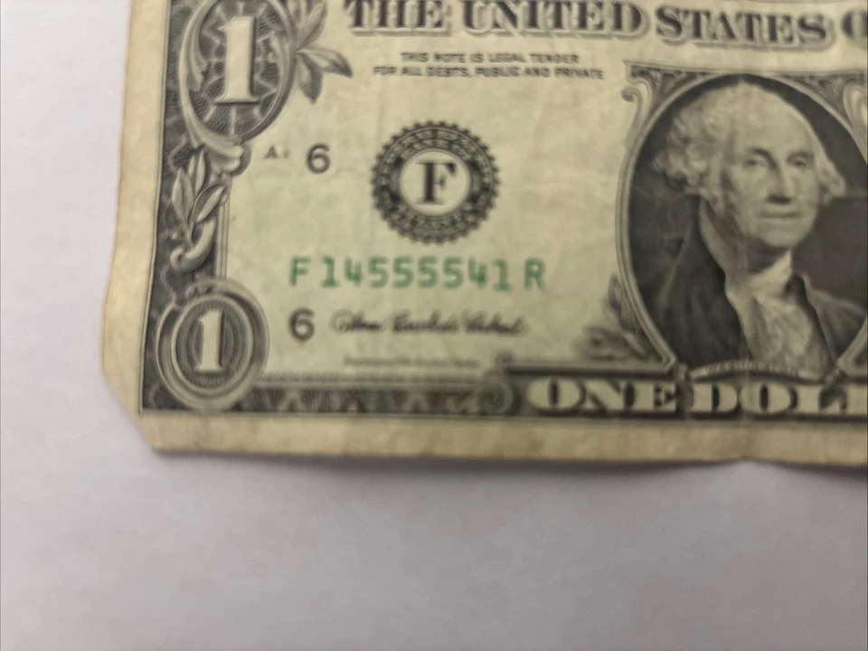 2006 $1 Fancy Serial –F14555541R– Repeater & Palindrome-Style– Rare Dollar Bill - Image 2 of 4