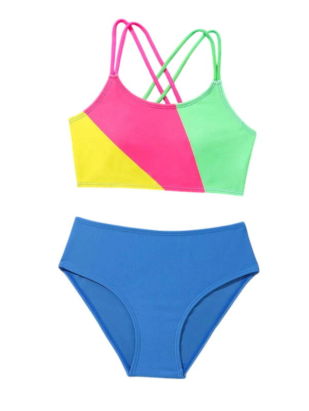 GIRLS 11-12 Years NWT SHEIN ULTRA BLUE, YELLOW, PINK, MINT COLORBLOCK BIKINI
