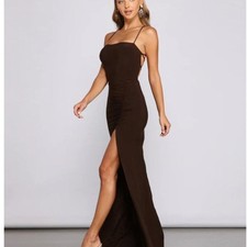 Brown Slinky Material Formal Lace-Up Dress