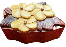 Handmade Intarsia Flower Puzzle Trinket Jewelry Box Floral Storage 5"