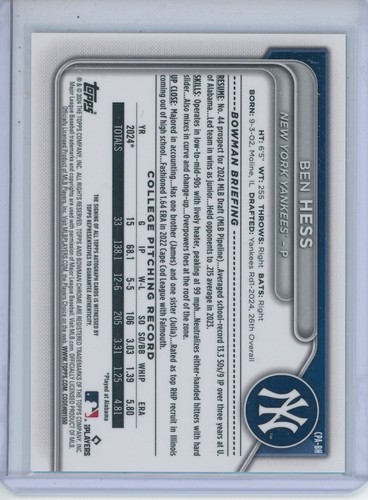 2024 Bowman Chrome Sapphire Ben Hess GREEN REFRACTOR AUTO 96/99 Yankees - Picture 2 of 2