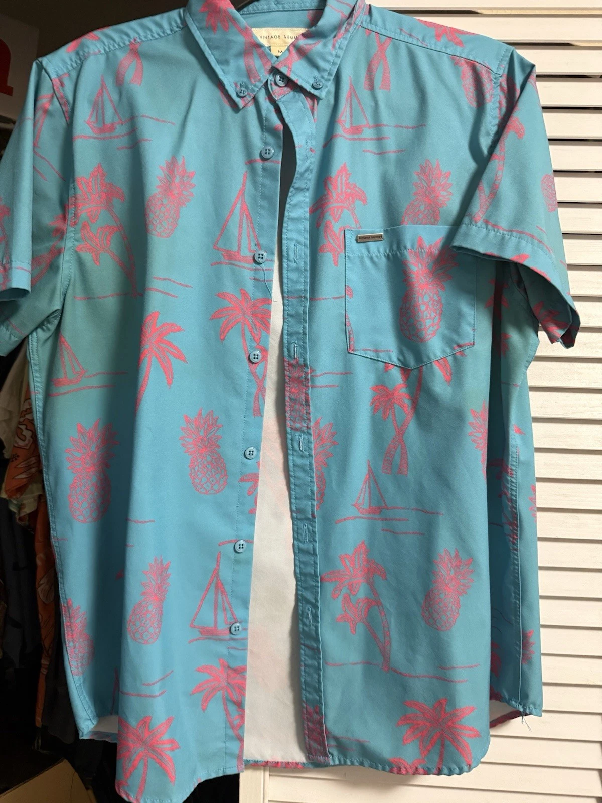 Vintage Shirt Vintage Summer Short Sleeve Pocket Blue w Palm Trees, Pineapples