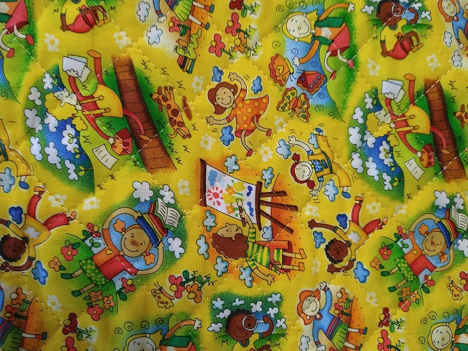 2 REMNANTS Back To School Pre-quilted fabric 18x18 & 5x24" Yellow Red Playground - Image 3 of 4