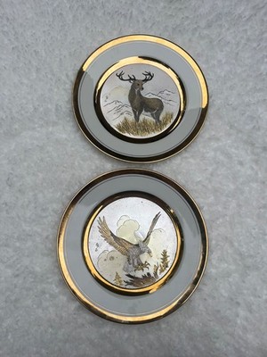 Art Of Chokin gold etched Eagle & deer Plate set vintage cabin americana