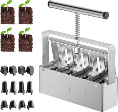 Soil Blocker, 4 Cell Soil Block Maker 2 Inch with 3 Sizes Seed Pins, Seed Handhe