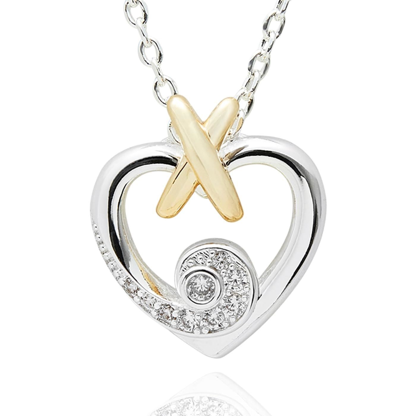 equilibrium Kiss Heart Necklace Two Tone Silver Gold Plated CZ
