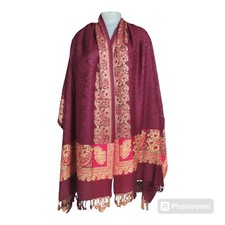 New Kashmiri Wool Four Side Border Shawl Wrap For Women Stole Colour Brown Wine