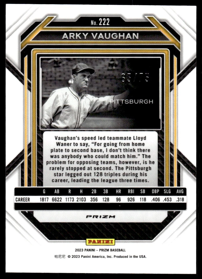 2023 Panini Prizm Green Scope Arky Vaughan /75 Pittsburgh Pirates #222 . - Image 2 of 2