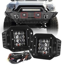 Pair LED Work Lights Flush Mount Flood Cube Pods Backup Reverse Offroad + Wiring