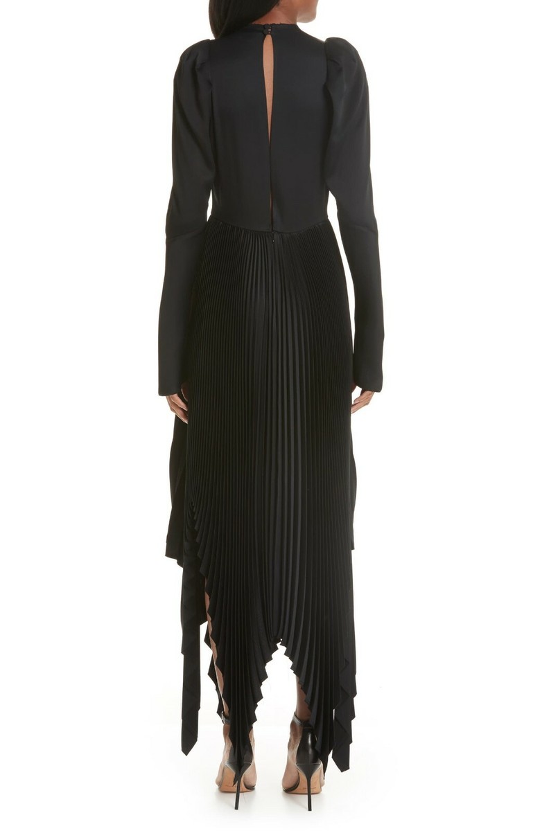 KHAITE Black Satin Greta Pleated Asymmetric Puff Sleeves Midi Maxi