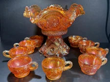 Imperial Carnival Glass, Marigold, Ruffled Edge Punch Bowl, Base, Nine Cups