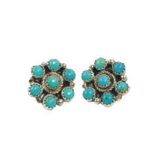 Native American Navajo Sterling Silver Turquoise Cluster Round Stud Earrings