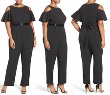  ELIZA J EMBELLISHED BELT COLD SHOULDER CREPE BLACK JUMPSUIT sz 24W