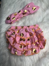 Lot of 11 Baby Girl Pink/Gold Ruffle Bottom Diaper Cover Bloomers and Headband