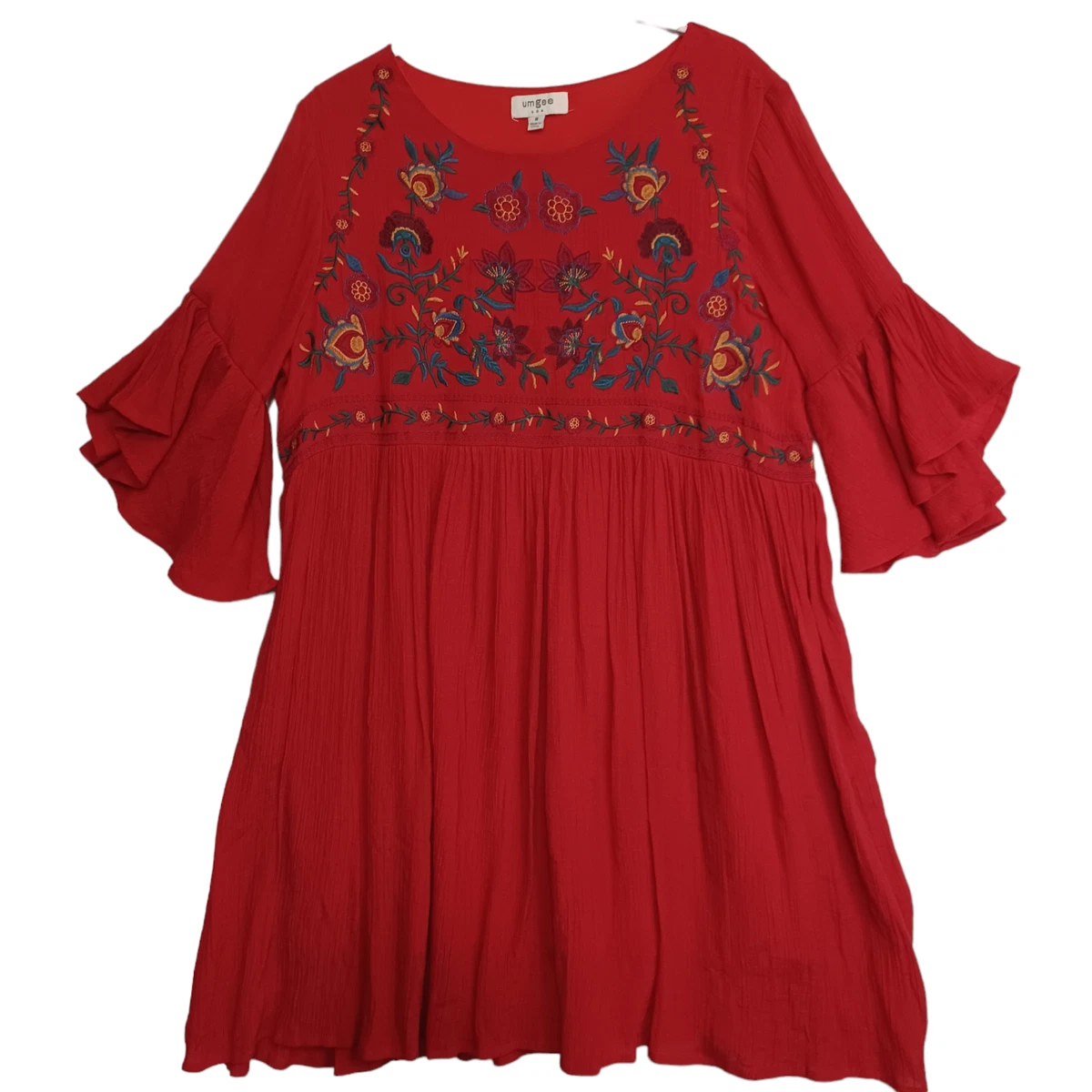 Umgee USA Embroidered Dress Womens Medium Boho Red Floral Festival