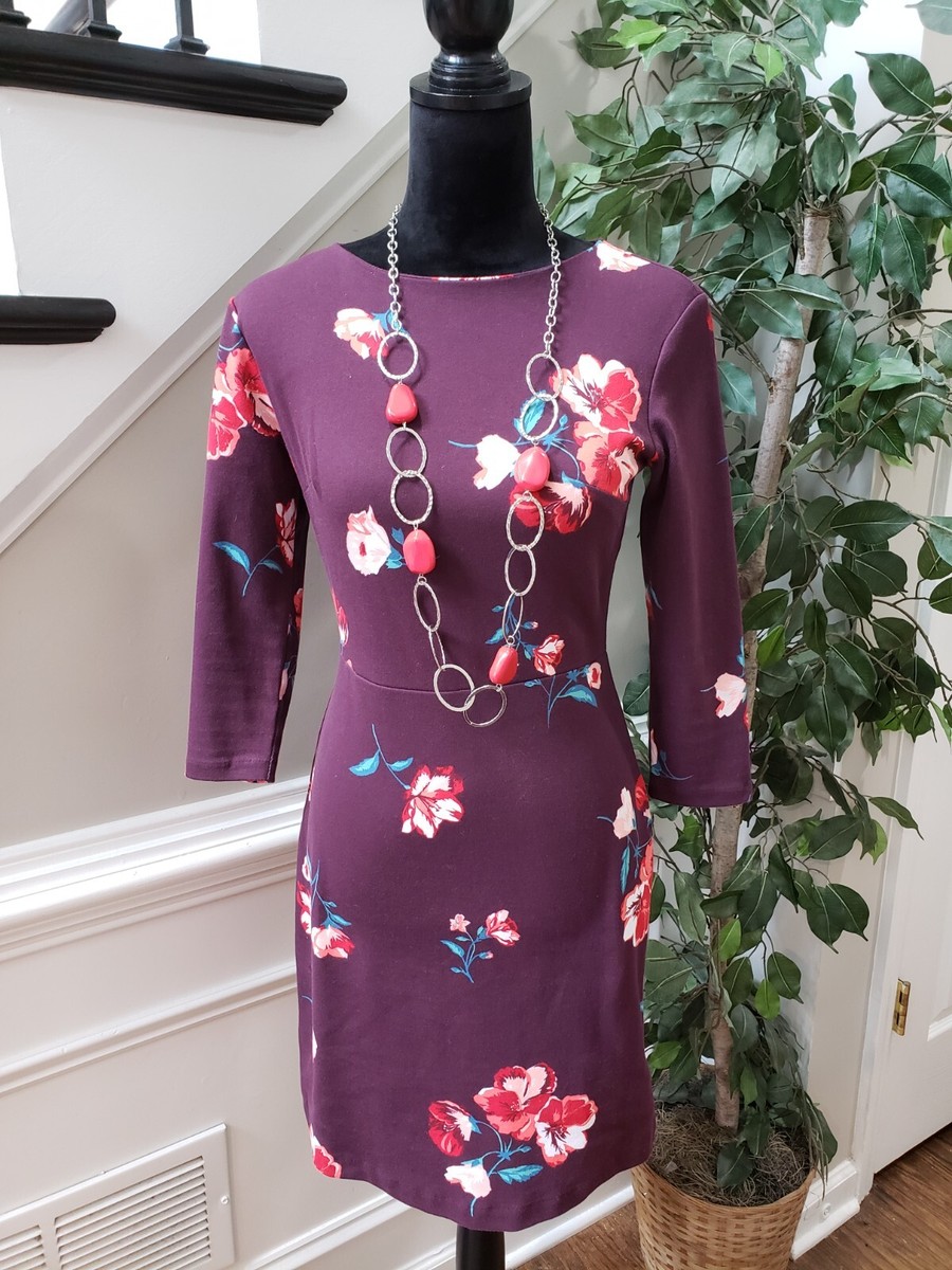 old navy purple floral dress Old Navy Women's Purple Floral Cotton Round Neck 3/4 Sleeve Knee Length  Dress XS