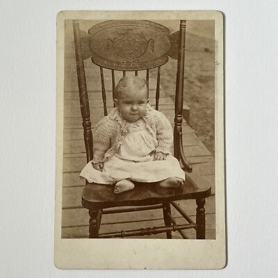 Antique Cabinet Card Photograph Adorable Sweet Baby Sitting Outside Wood Chair