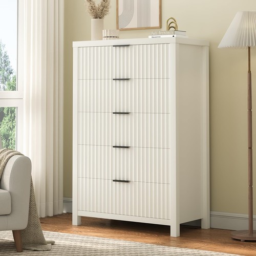 Fluted 5 Drawers Dresser for Bedroom, Tall Modern Chest of Drawers with Thick...