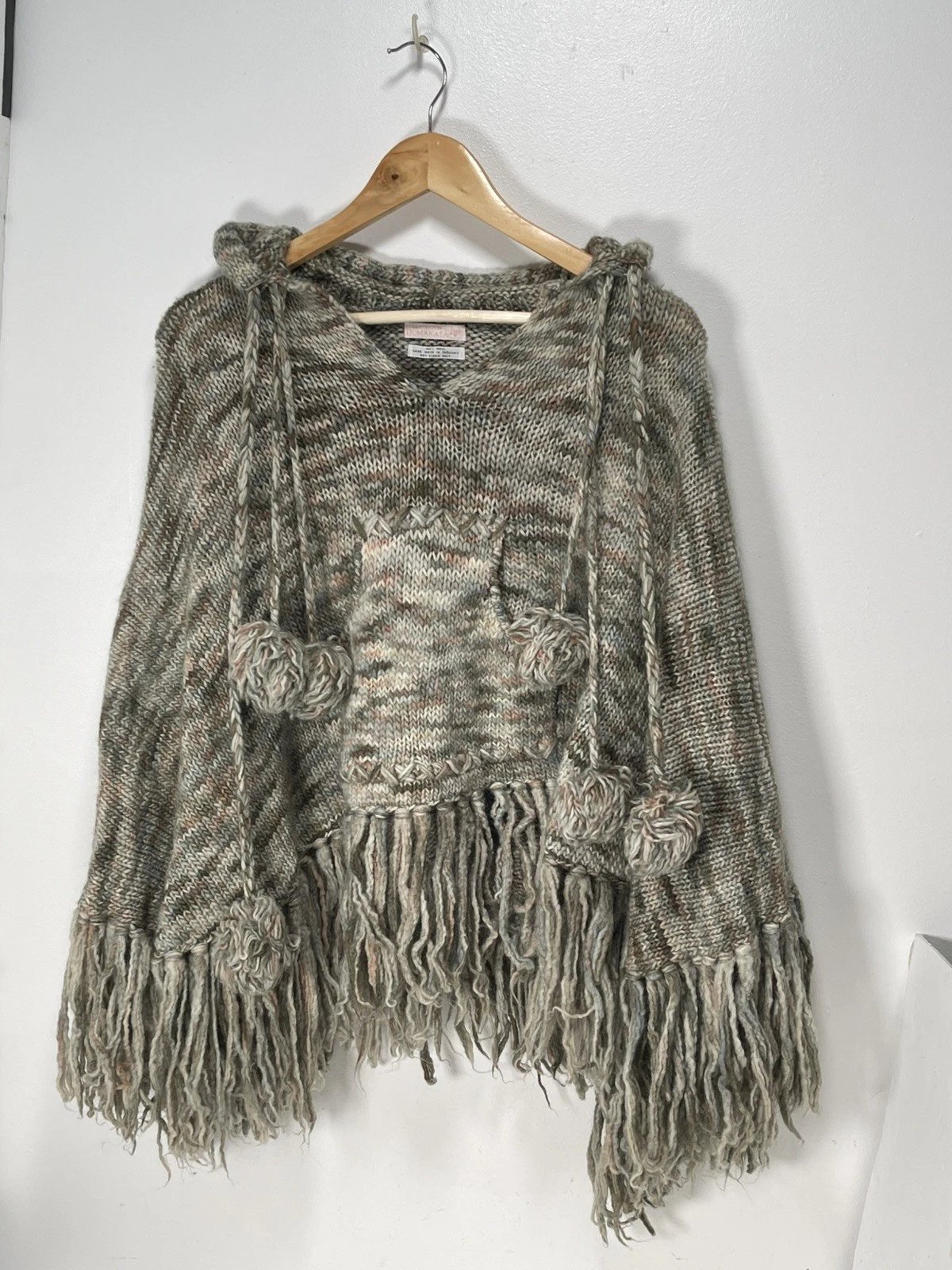 Domakaya 100% Wool Hand Knit Fringe Cape Poncho Multicolor Earthy Tones